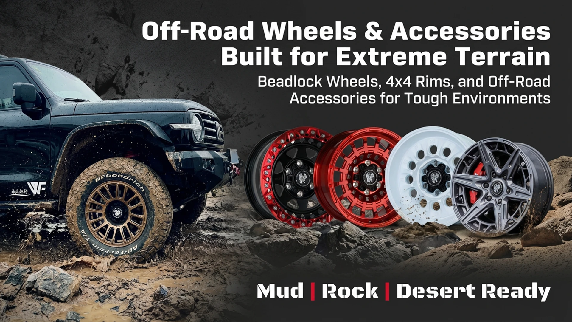 Muddy black off-road SUV truck display, multi-color off-road alloy wheels & beadlock rims, heavy duty 4x4 off-road accessories, built for tough extreme terrain, mud rock desert ready