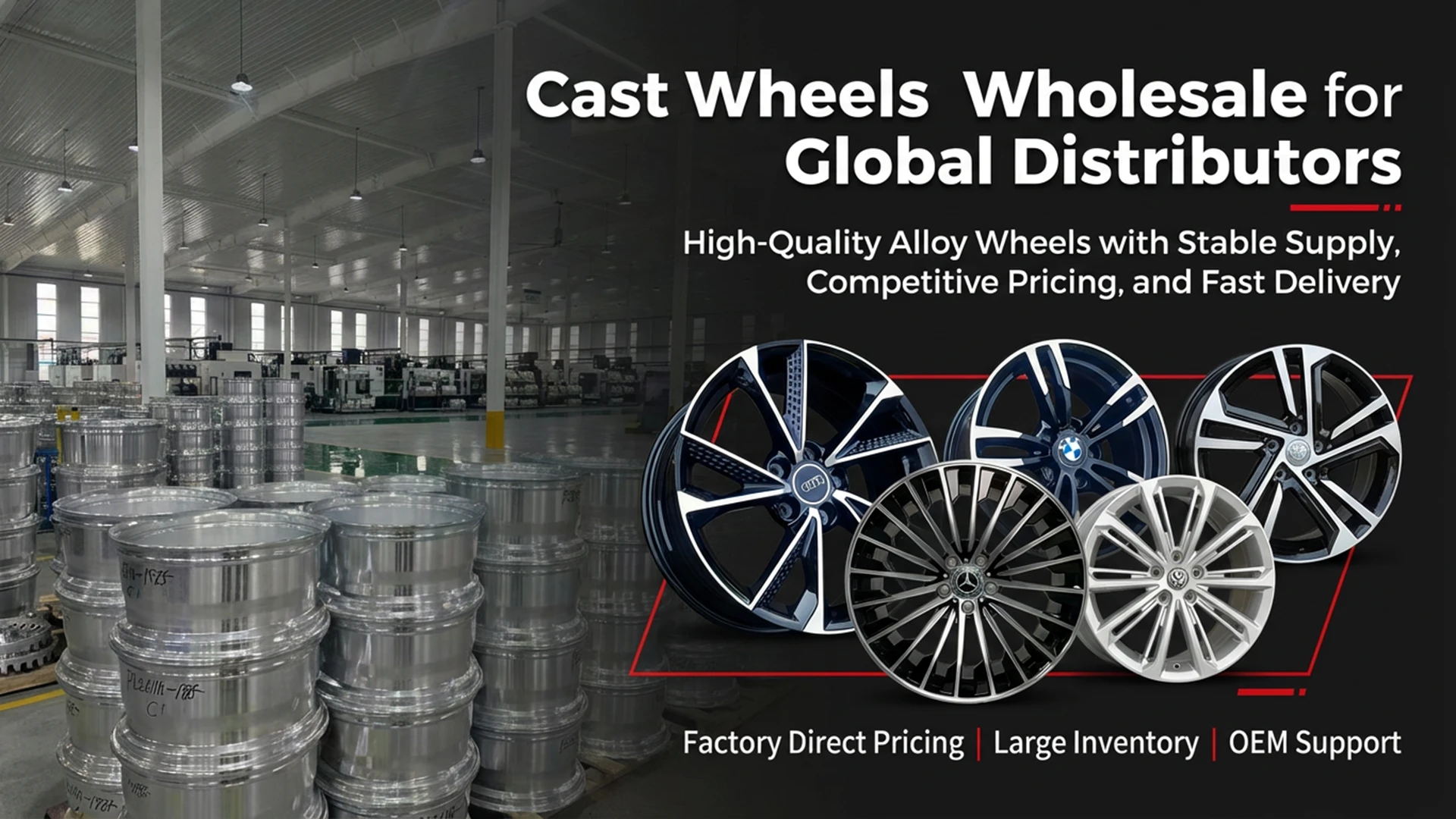 Large alloy wheel factory warehouse, bulk stock high quality cast car wheels rims, factory direct pricing, large inventory, stable supply, fast delivery, OEM supported wholesale for global worldwide distributors
