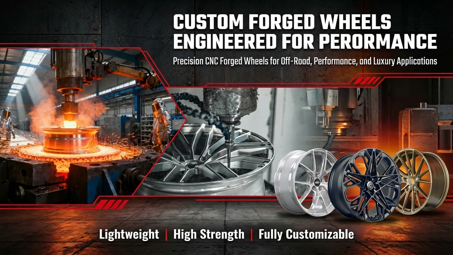 Custom engineered performance forged wheels manufacturing, precision CNC machined forged alloy rims, lightweight high strength fully customizable design, for off-road, sport and luxury vehicle applications